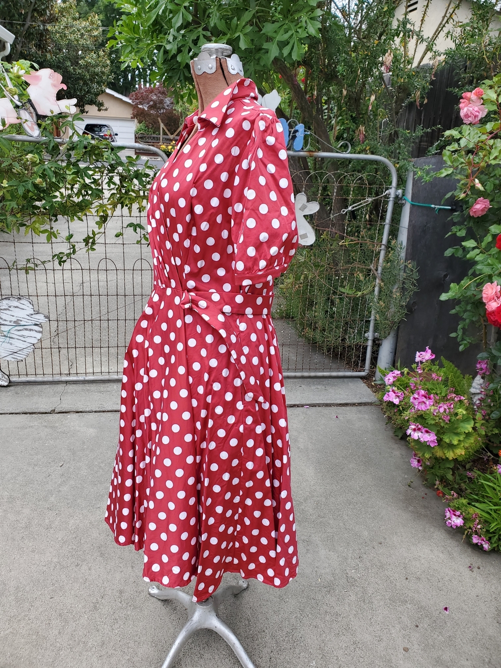 Kitten D'Amour Red Polka Dot Wrap Midi Dress with Short Puff Sleeves - Picture 4 of 7